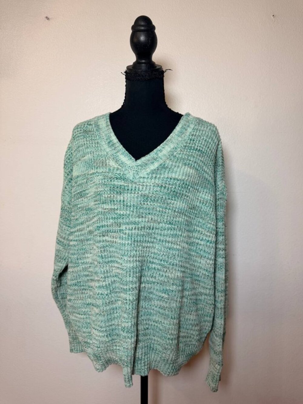 Style & Co Seafoam Green Marled Chunky Knit V Neck Oversized Sweater Cozy